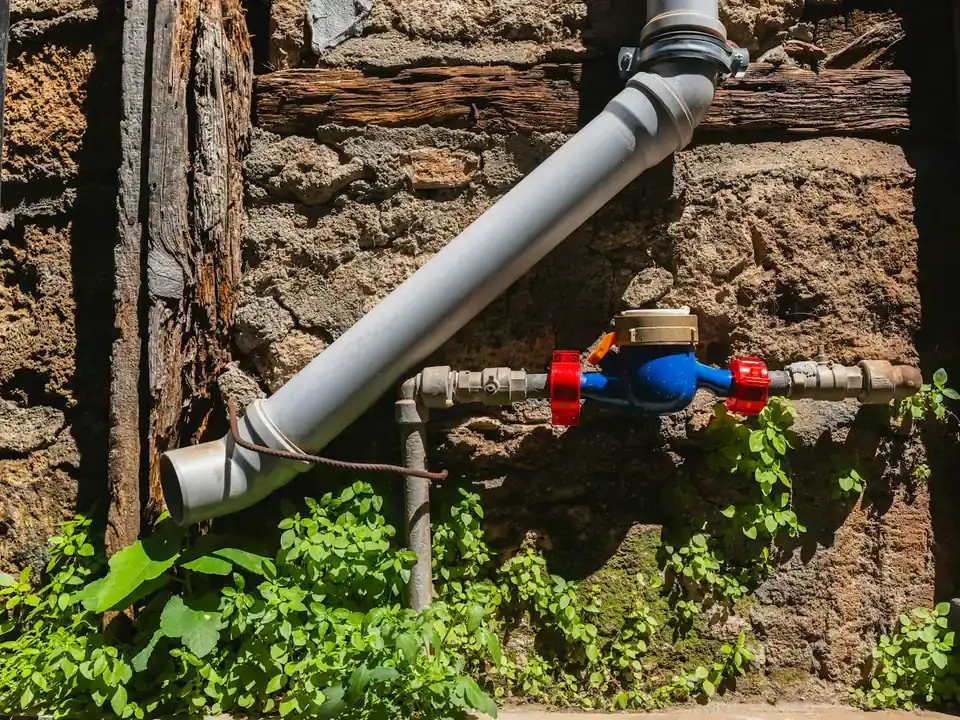 Water meter and supply pipe on an exterior wall